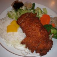Chicken Katsu Platter · Chicken cutlet. Served with white  rice and house green salad.
