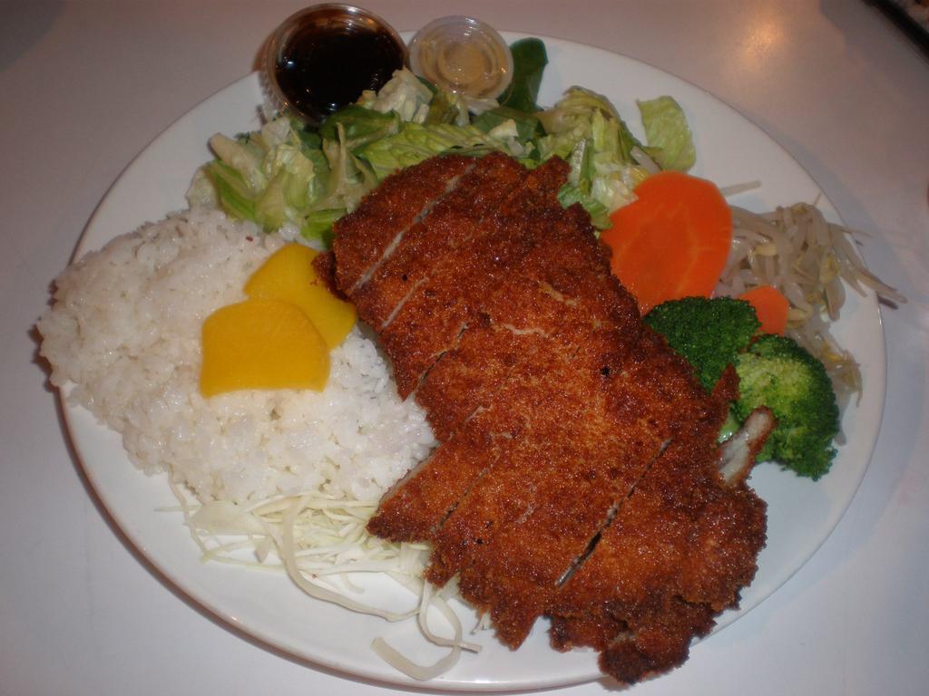 Chicken Katsu Platter · Chicken cutlet. Served with white  rice and house green salad.
