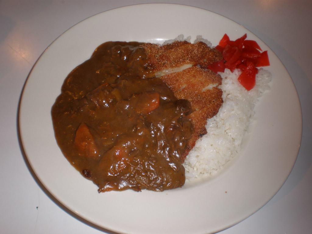 Katsu Curry Platter · Curry with chicken or pork cutlet. Served with white  rice and house green salad.
