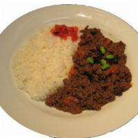 Dry Curry Platter · Curry with ground beef. Served with white  rice and house green salad.