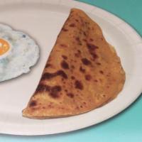 Omlette with 3 Parathas · Fried unleavened bread.