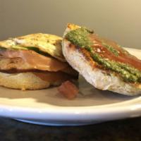 The OG Sammy · Fried egg, smoked Gouda, basil pesto sauce, hot sauce, spinach and your choice of turkey or ...