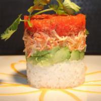 Ahi Tower · Spicy tuna, crab meat, avocado and sushi rice topped with tobiko.