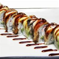 Dragon Roll · Eel, avocado and sweet sauce over shrimp tempura roll.
