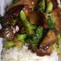 Roast Pork with Broccoli · Served with white rice.
