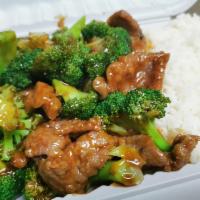 Beef Broccoli · Served with white rice.
