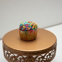 Birthday Celebration Cupcake · Confetti Cake with Vanilla Buttercream rolled in Rainbow Sprinkles