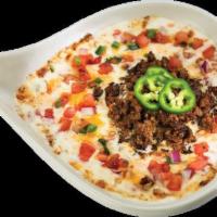 Carne con Queso · Ground beef with melted cheese, topped with pico de gallo.