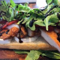 Chicken Milanese Sandwich · Bell and Evans, breaded chicken breast, house made, burrata, roasted peppers,balsamic glaze,...