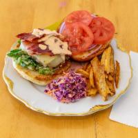 Insanity Burger · Inspired by epicurious award winner 1/3 lb. burger with onion, pickles, bacon, cheese, red j...