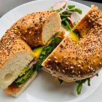 Wild Lox Bagel · Smoke salmon, cream cheese, arugula, capers, and pickled red onion.
