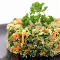 Organic Quinoa Salad · Organic quinoa, kale, broccoli, cauliflower, shredded carrot & capers. Tossed in a light ref...