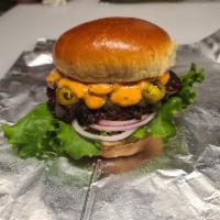 Burn Card Burger (Fire Burger) · Fire. brioche bun, lettuce, tomato, red onion, pepper jack cheese, jalapenos and Chipotle Ai...