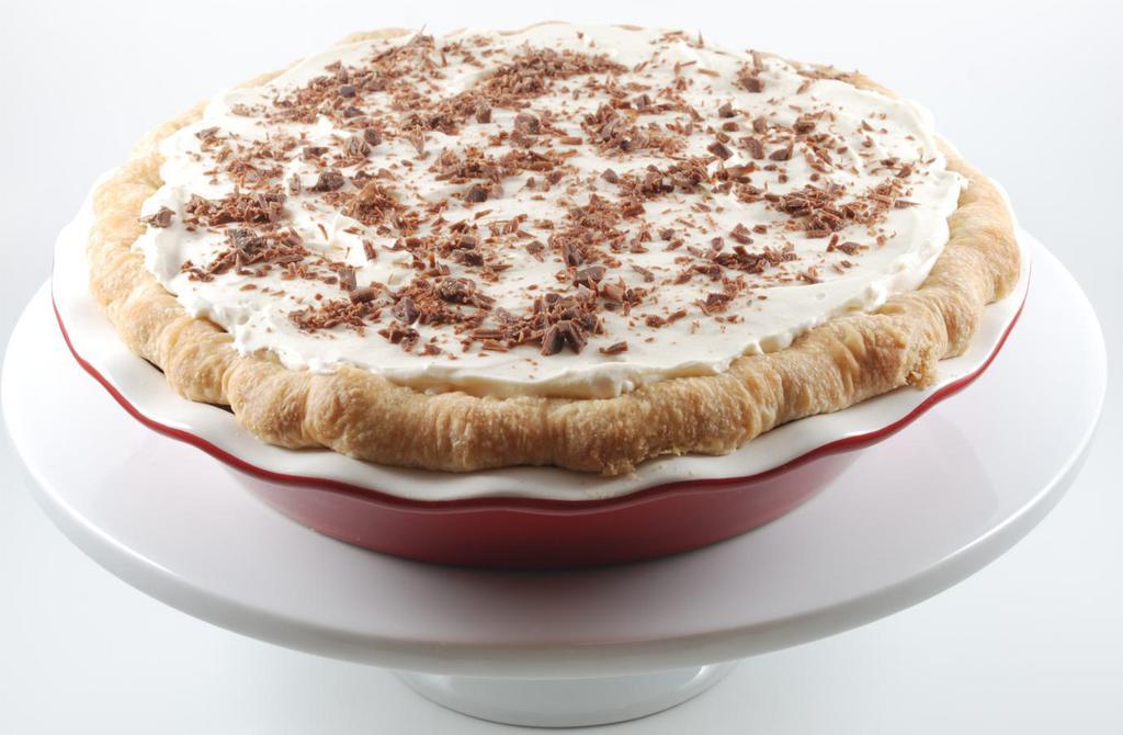 Kahlua Chocolate Cream Pie · Chocolate Cream filing infused with Kahlua and expesso.  This smooth chocolate delight is very light with deep flavors.  Topped with Kahlua infused home made whip cream. This also has our famous buttery handcrafted crust.