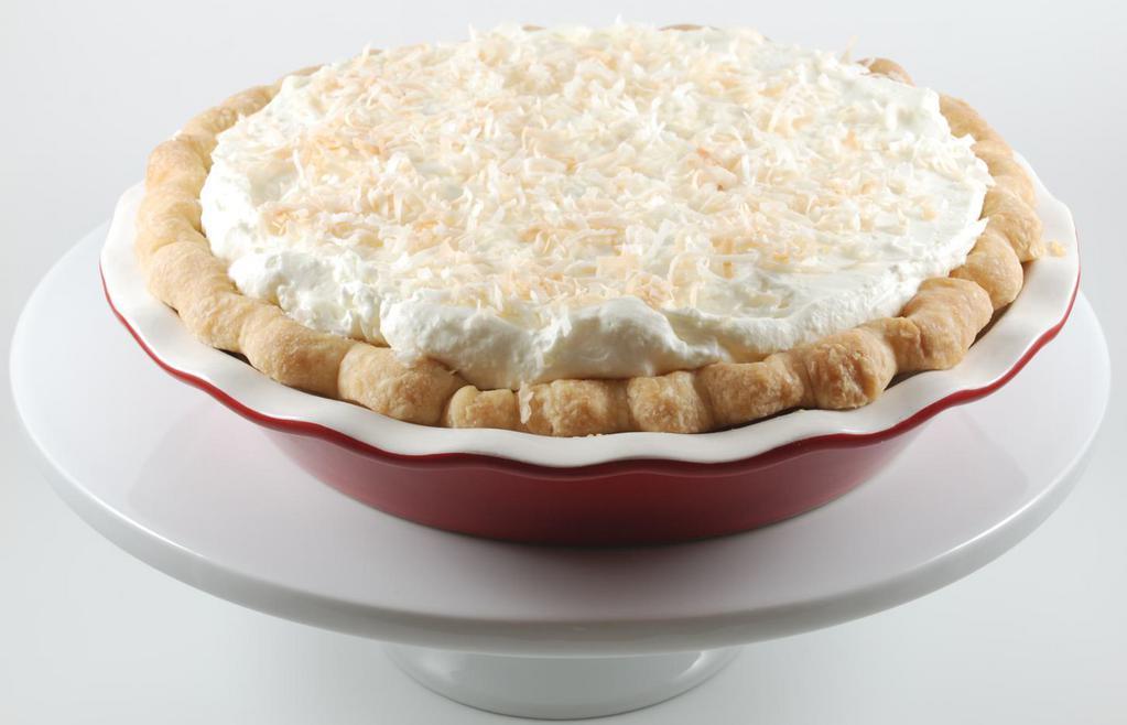 Coconut Cream Pie · This coconut cream pie recipe features a thick and creamy coconut filling, crispy homemade pie crust, mounds of sweet whipped cream, and toasted coconut.  This is a tried-and-true, old-fashioned coconut cream pie. It took many years of trial and error to find the right one and this is it!  Everything, including the whip cream is made from scratch.  This is a really light pie with deep flavors.

*Pies are made from scratch to order.  This item may take longer then expected and you will be notified if so.