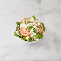 Greek Salad · Romaine lettuce, feta, cheese, black olives, tomatoes, red onions and cucumbers topped with ...