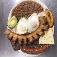 Bandeja Paisa · Grilled steak, rice, beans, fried egg, bacon slab, colombian sausage, avocado and sweet plan...