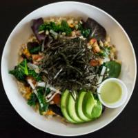 Nori Bowl · Vegan. Brown rice, quinoa, kale, tomatoes, mixed greens, avocado, daikon radish, sunflower s...