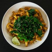 Sriracha Soy Bowl · Vegan, gluten-free. Pan-fried soy curls with house-made pineapple Sriracha sauce and onions,...