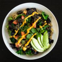 West Bowl · Vegan, gluten-free. Brown rice, quinoa, kale, tomatoes, mixed greens, black beans, black oli...
