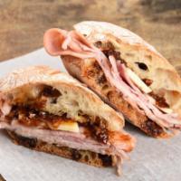 Turkey and Bacon Jam Sandwich · Roasted Turkey, Smoked Gouda and Bacon Jam with freshly baked Ciabatta