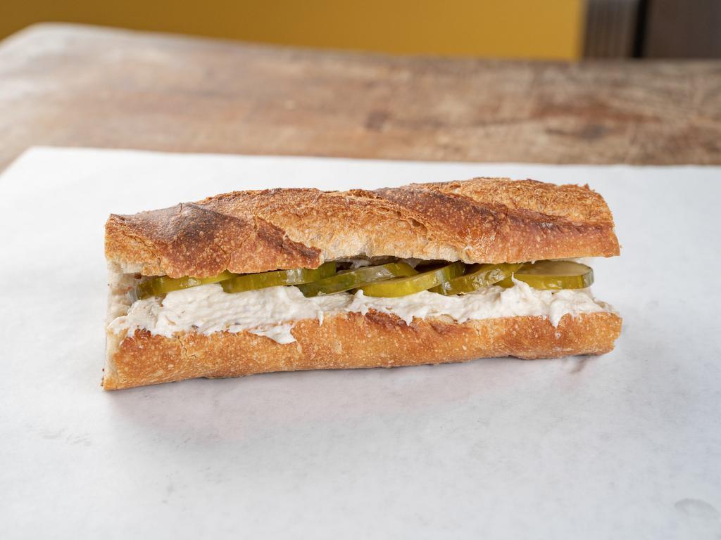 Smoked Whitefish Salad Sandwich  · Smoked whitefish salad and Brooklyn brine pickles with freshly baked baguette.