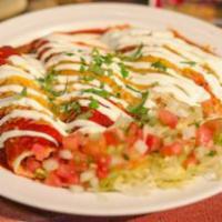 Enchiladas · Includes cheese, homemade enchilada sauce, sour cream, side of pico de gallo & lettuce.