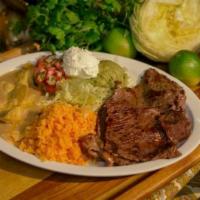 Asada Plate Combo · flat grill steak, serve with rice, refried beans garnished with cheese and tortilla chips, l...