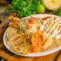 Fiesta Plate · CHOICE OF MEAT, Two roll tacos (only chicken), two enchiladas, one quesadilla , served with ...