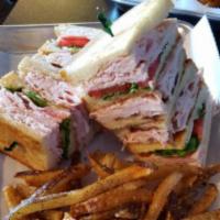 Grilled Chicken Mile High Club Sandwich · 1/2 lb. of seasoned grilled chicken piled high on grilled sourdough bread with Swiss and Ame...
