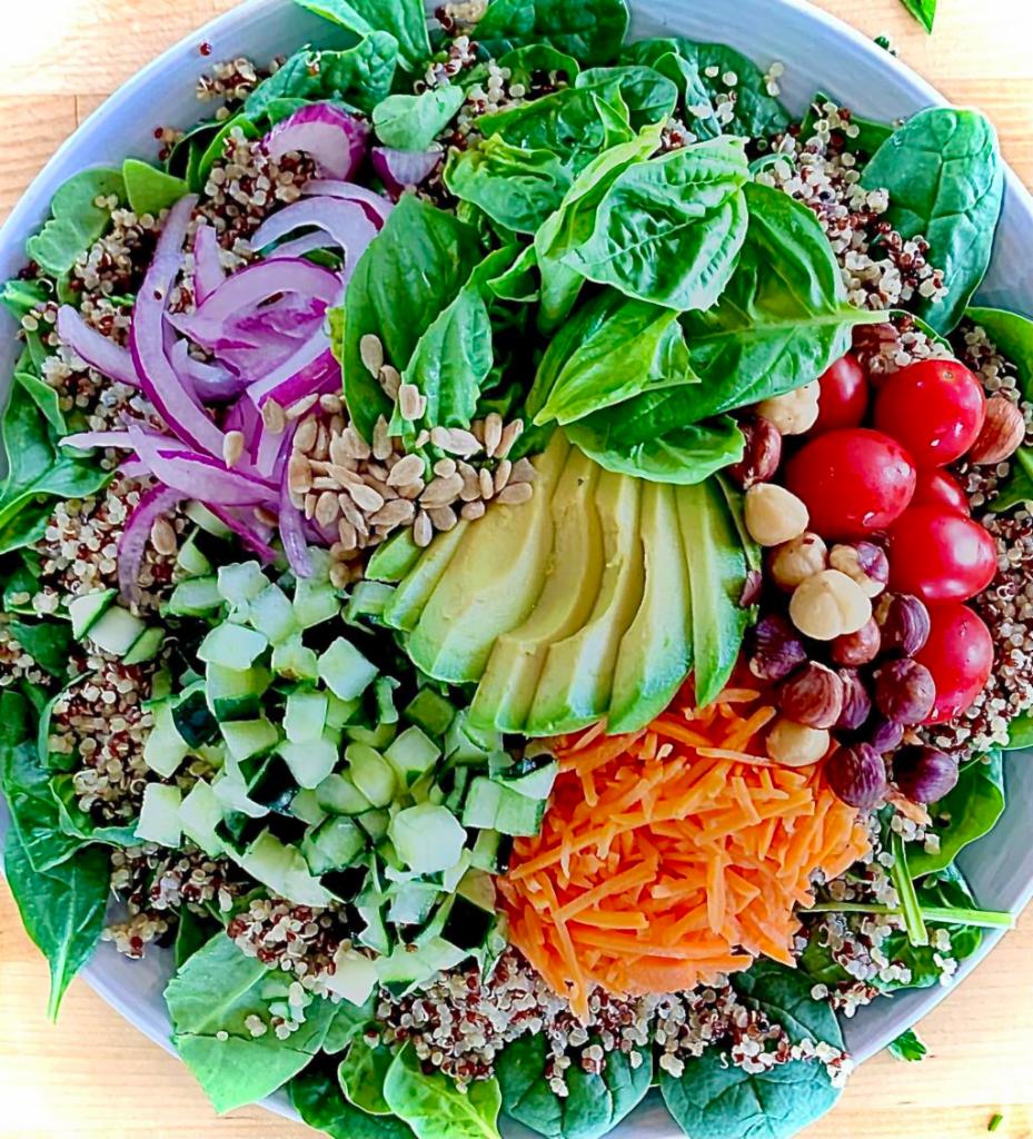 Quinoa Garden bowl with Ranch Dressing · Ranch Dressing -  Has Egg, Keto, Gluten Free
Organic tricolor quinoa, spinach, avocado, cucumber, shredded carrots, cherry tomatoes, red onion, sunflower seeds, toasted hazelnuts, fresh basil, (Vegetarian) (sub ranch for balsamic dressing and its vegan)
