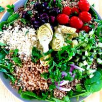 Quinoa Mediterranean bowl with Balsamic Dressing · **Balsamic Dressing - Vegan, Keto, Gluten Free**
Organic tricolor quinoa, artichoke hearts, ...