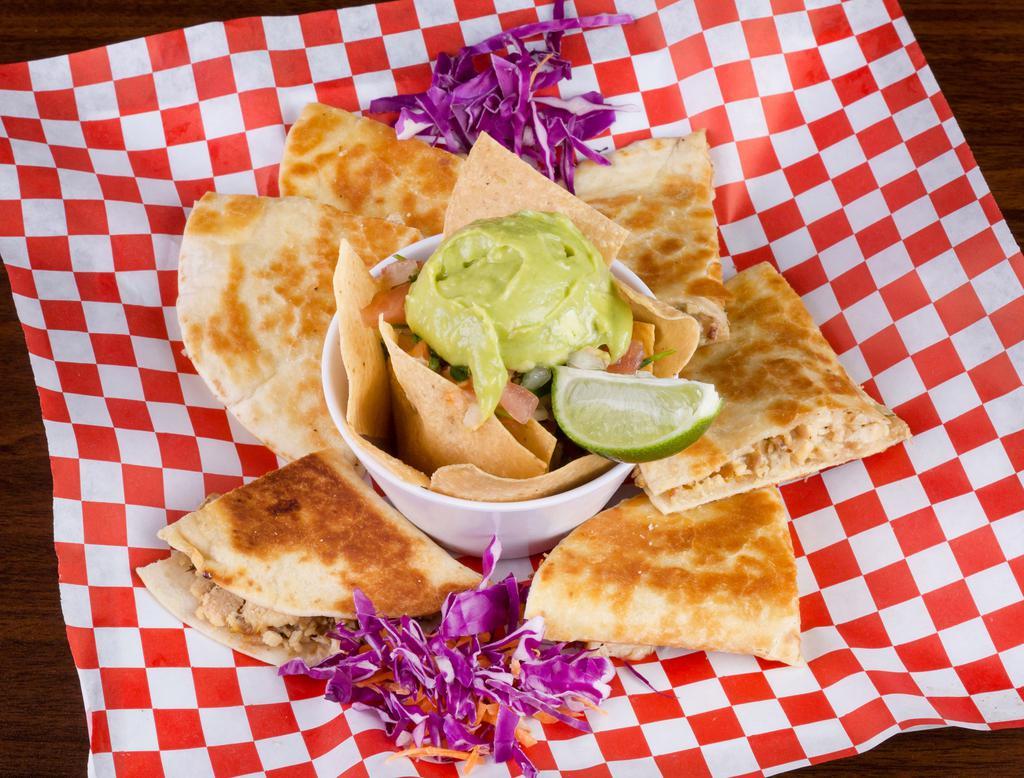Chicken Quesadilla · Fresh toasted tortillas (3), stuffed with our hand mixed quesadilla cheese & mesquite grilled chicken breast. served with a side of fresh chips, pico, guacamole & Salsa (makes 6 wedges)
