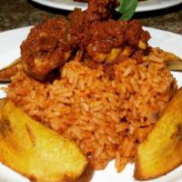 Jollof Rice w Chicken and Fried Plantains · A West African mainstay, also called Benachin is a flavorful tasty rice, simmered in spicy s...