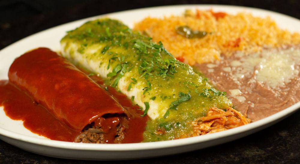 Combo 12. Doce · 1 shredded chicken burrito with salsa verde, 1 ground beef enchilada topped with red sauce and 2 ground beef tacos.