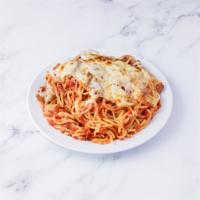 Oven Baked Spaghetti · Spaghetti, marinara sauce, melted mozzarella cheese and your choice of two toppings.