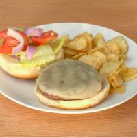 Cheeseburger · 1/3 LB patty with provolone, lettuce, tomatoes, onions, and pickles.  Served with your choic...