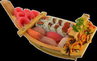 Sushi Boat · 5 pieces tuna sashimi, 6 pieces nigiri sushi, 8 pieces spicy tuna roll and seaweed salad.