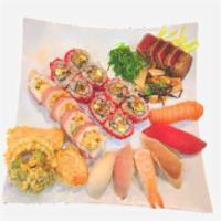 Sushi Combo NO.2 · 5 pieces blackened tuna sashimi, 6 pieces nigiri, 5 piece shrimp tempura roll, 8 pieces rain...