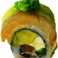 Arigato Roll · 8 pieces: tempura, asparagus, cream cheese, albacore tuna, avocado and ground onion and ponz...