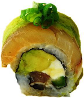 Arigato Roll · 8 pieces: tempura, asparagus, cream cheese, albacore tuna, avocado and ground onion and ponzu sauce.