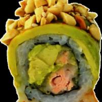 Crunchy Salmon Roll · 8 pieces: tempura, salmon, avocado, spicy sauce, sweet chili sauce, sesame seeds, peanuts an...