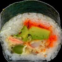 Kenji Roll · 5 pieces: tempura, salmon, tempura shrimp asparagus, avocado, spicy sauce and masago.