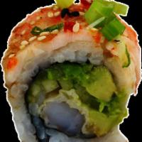 Double Shrimp Roll · 8 pieces: tempura shrimp, avocado, cucumber, ebi, sweet chili sauce, ground onion and sesame...