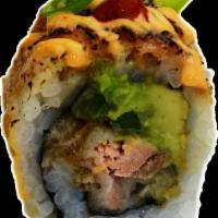 Miso Sexy Roll · 8 pieces: tempura, salmon. asparagus, avocado, real crab, miso plate, sriracha, spicy and ee...