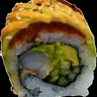 Tiger Roll · 8 pieces: tempura shrimp, spicy tuna, cucumber, sliced avocado, spicy sauce and seeds.