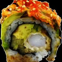 Dragon Roll · 8 pieces: tempura shrimp, cucumber, BBQ eel avocado, spicy sauce, eel sauce, masago and sesa...