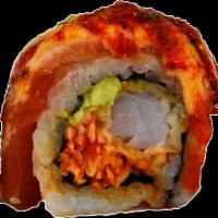 Kickboxer Roll · 8 pieces: Oregon salmon, tempura shrimp, avocado, seared salmon and shrimp, gr. onion, srira...
