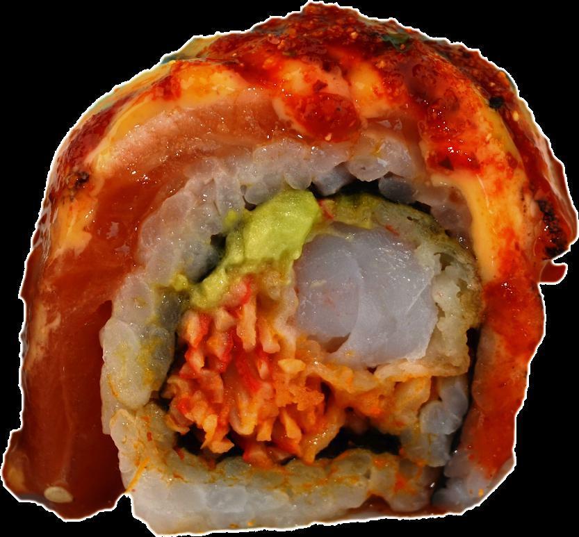 Kickboxer Roll · 8 pieces: Oregon salmon, tempura shrimp, avocado, seared salmon and shrimp, gr. onion, sriracha, spicy and sweet chili sauce, sesame seeds and 7 spice.
