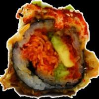 Spinal Tap Roll · 12 pieces: Oregon salmon, avocado, tobiko, masago, spicy and eel sauce, mayo, sriracha, sesa...